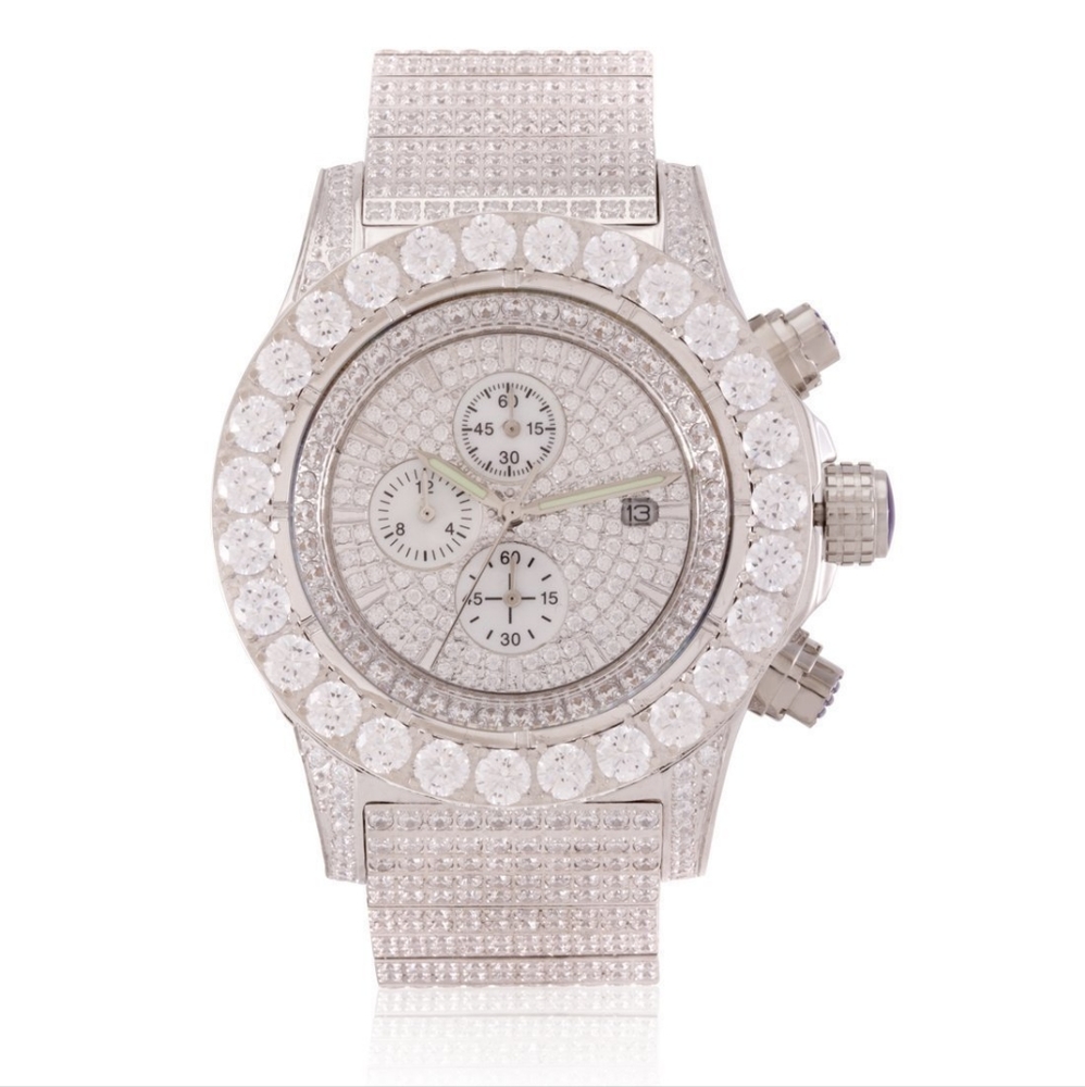 Mens White Gold /Stainless Steel Japanese Movement Simulated Diamond Wrist Watch